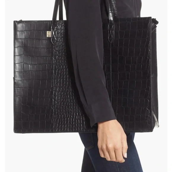 BEIS Black Structured Tote Bag with Crocodile Texture - Picture 2 of 8